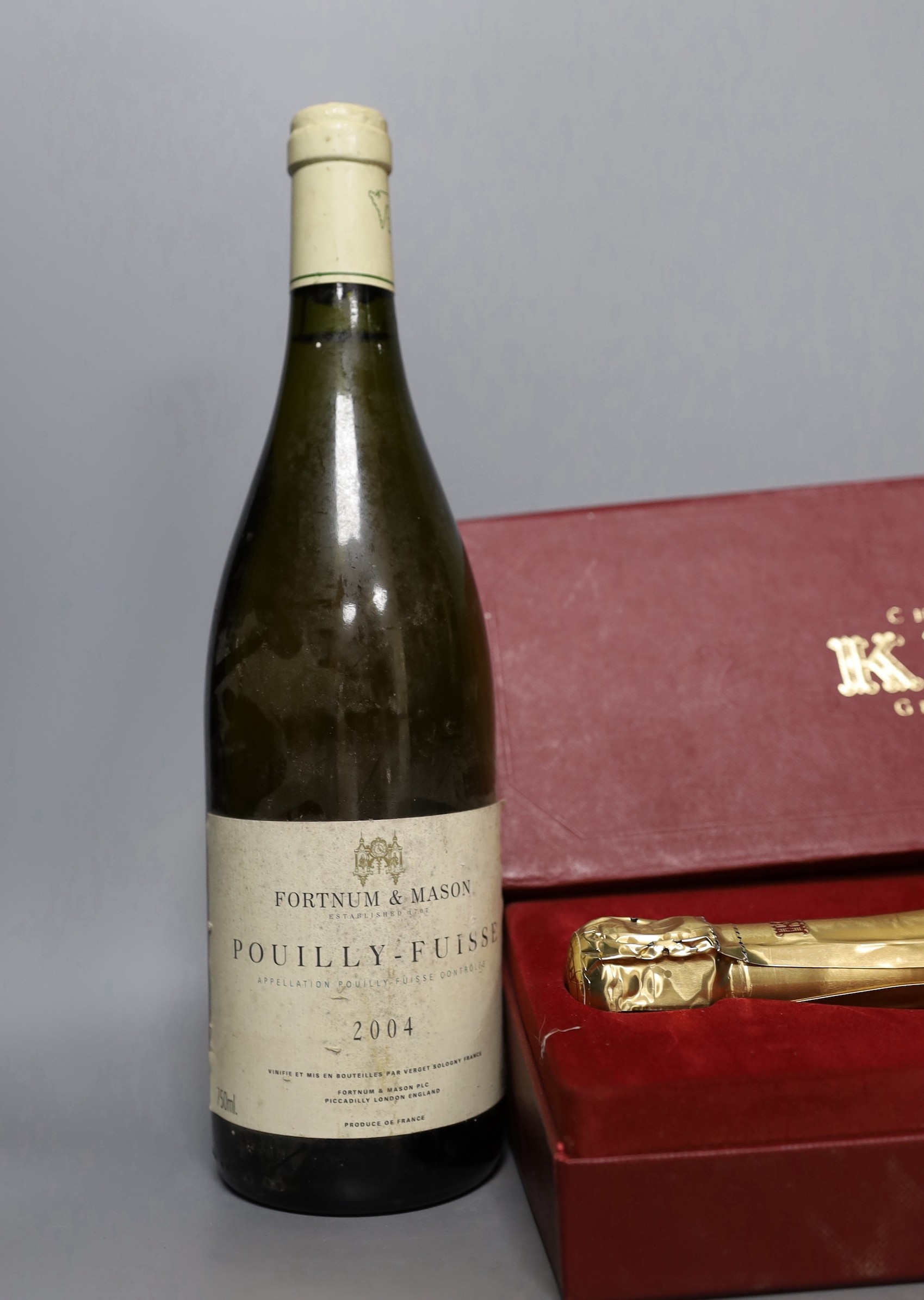 One bottle of Bollinger vintage champagne, 1989, one boxed bottle of Krug (NV) and a bottle of 2004 Pouilly Fuisse